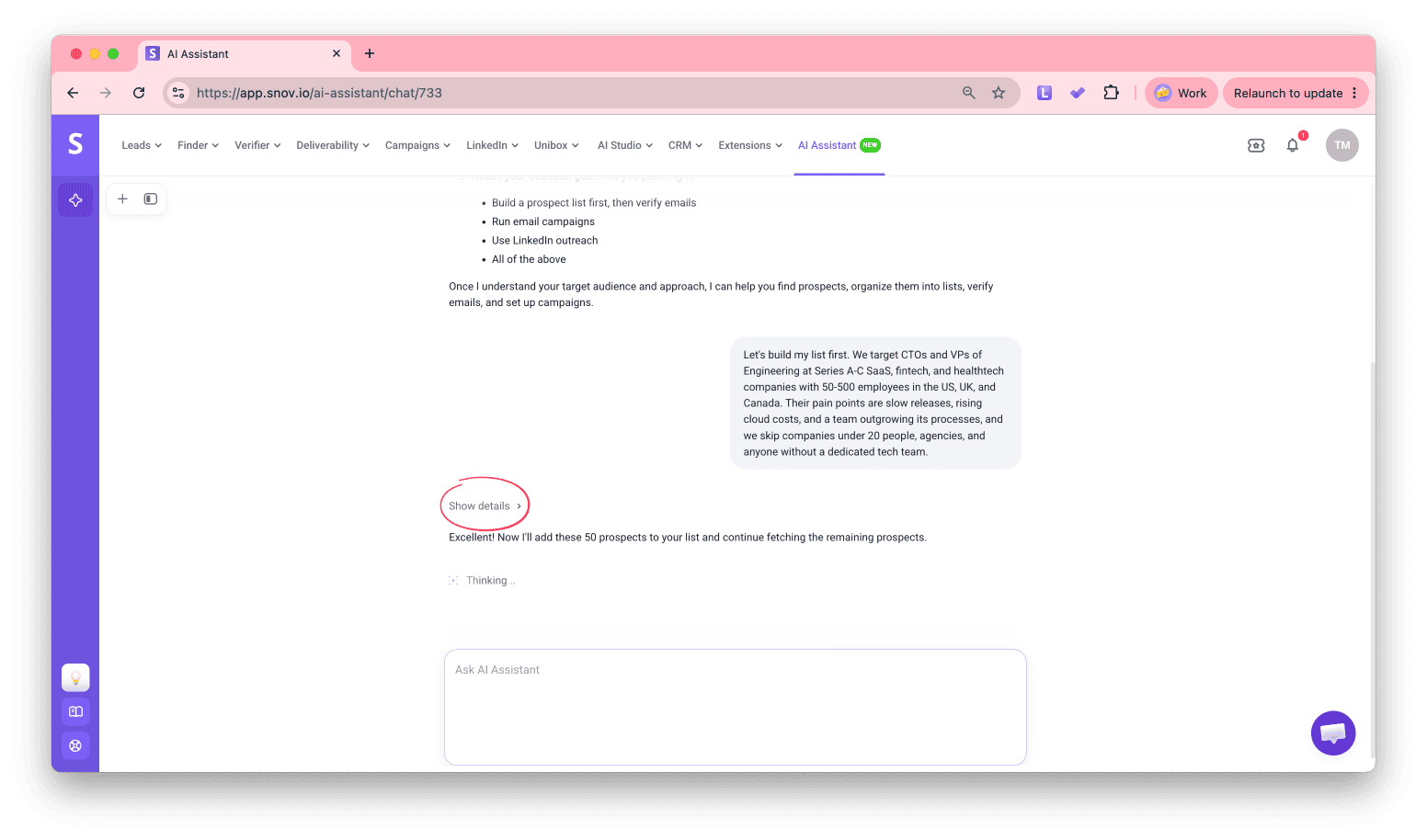 Show details link under a task in AI Assistant