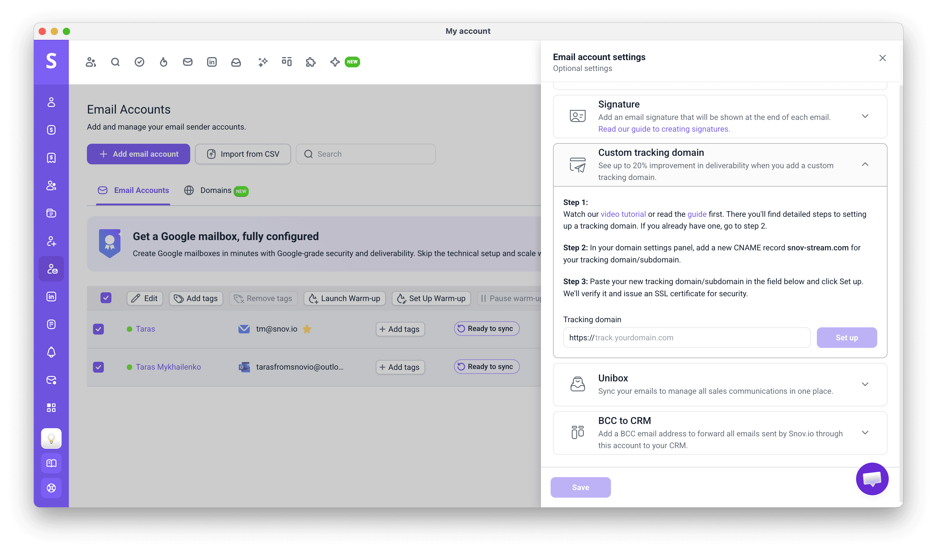 Custom tracking domain settings in the bulk edit panel for selected email accounts