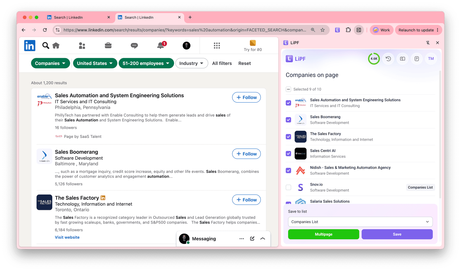 Companies from LinkedIn search results in the LI Prospect Finder sidebar