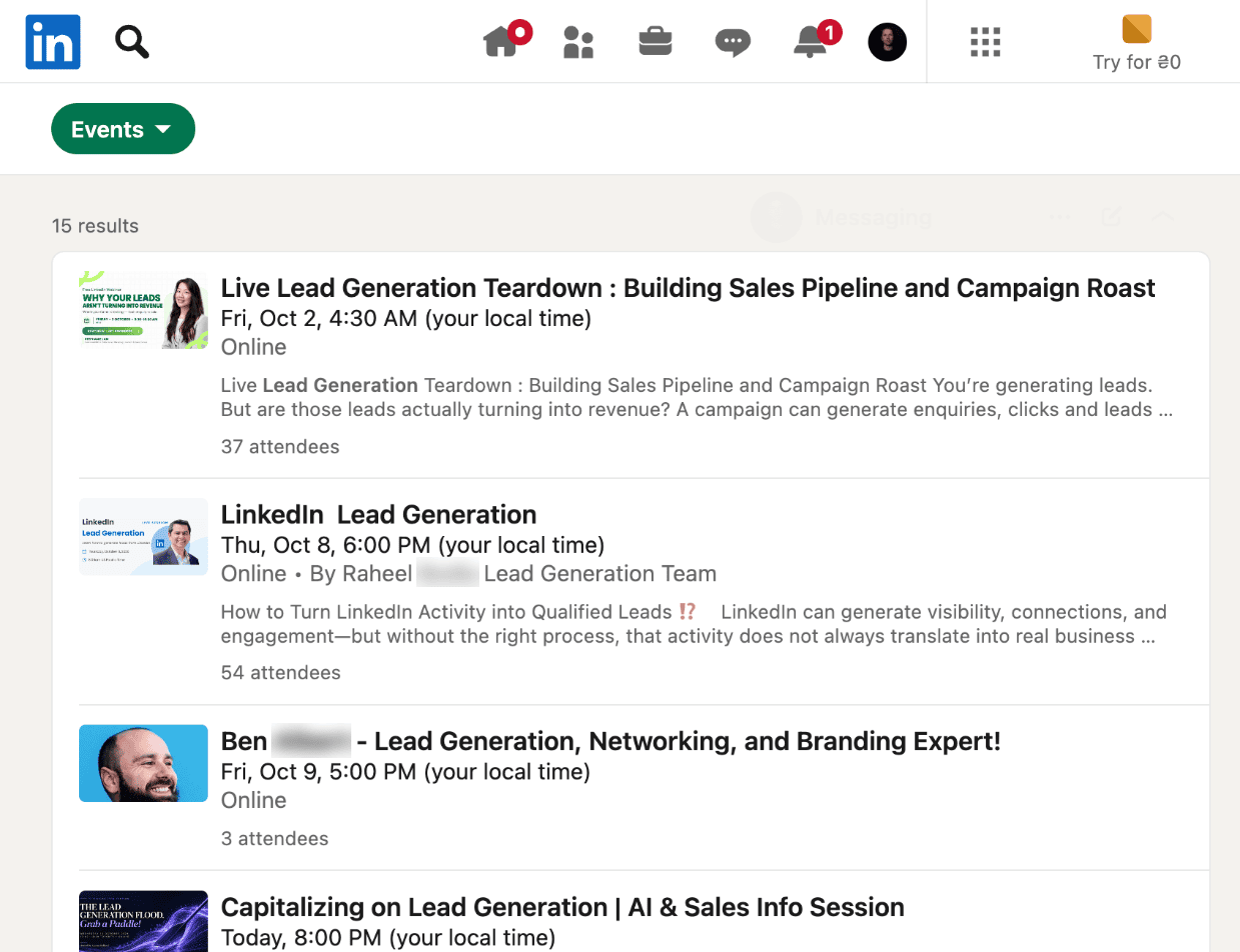 LinkedIn search results filtered by Events