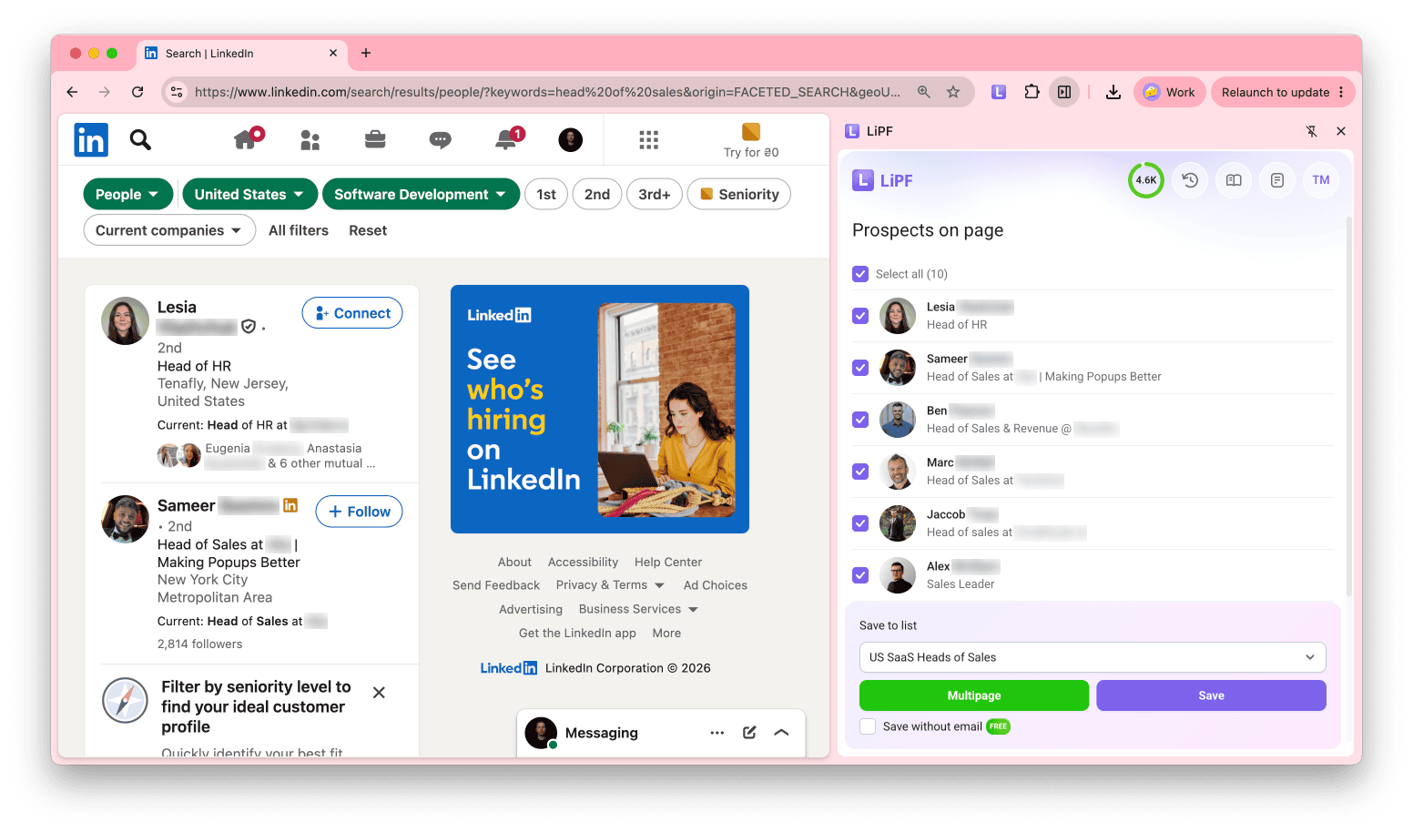 LI Prospect Finder sidebar showing prospects from a LinkedIn people search