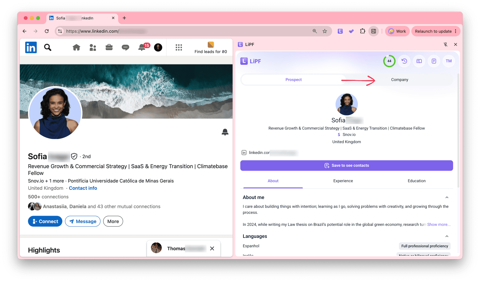 LI Prospect Finder sidebar with the Prospect and Company tabs on a LinkedIn profile