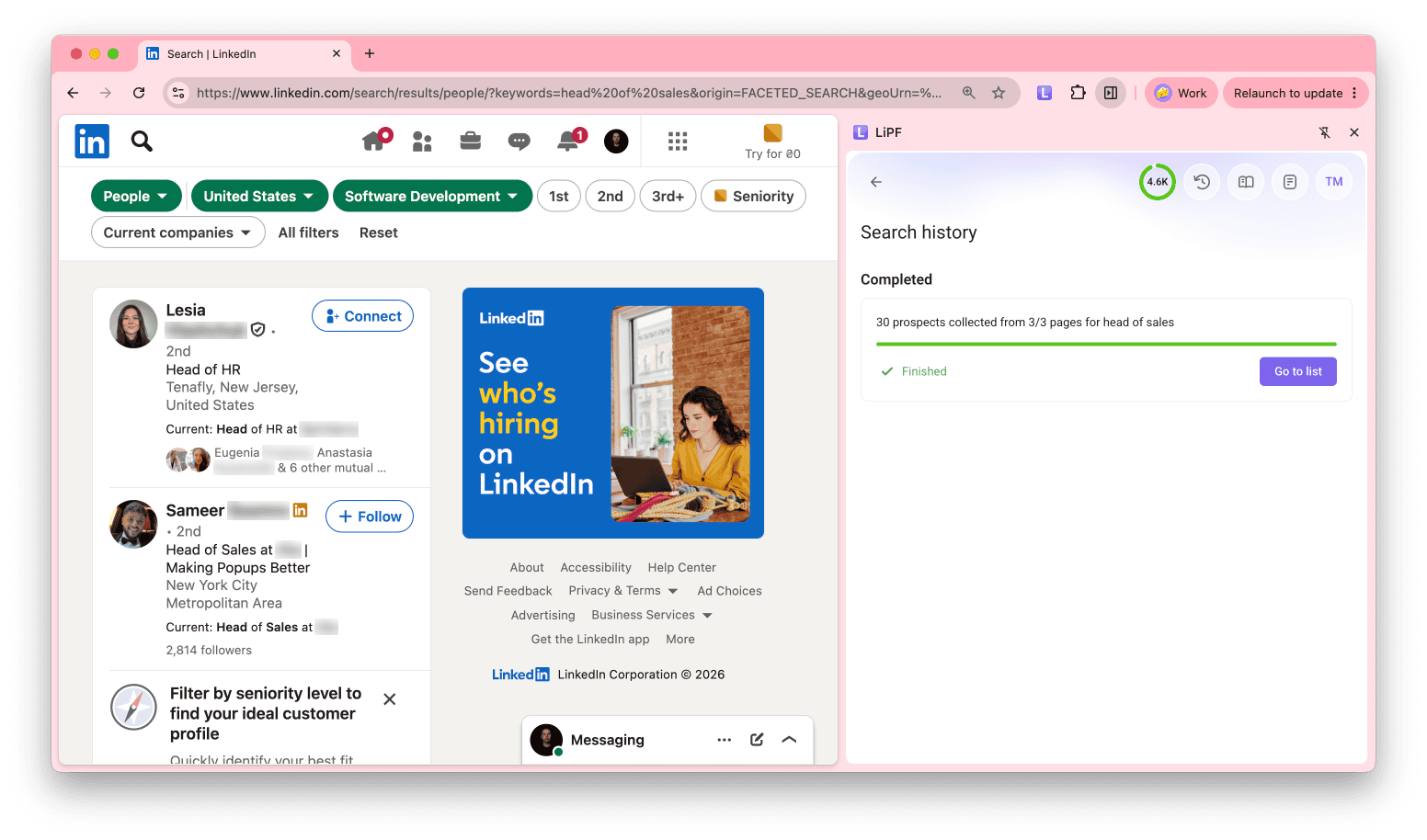 Completed multipage search with the Go to list button