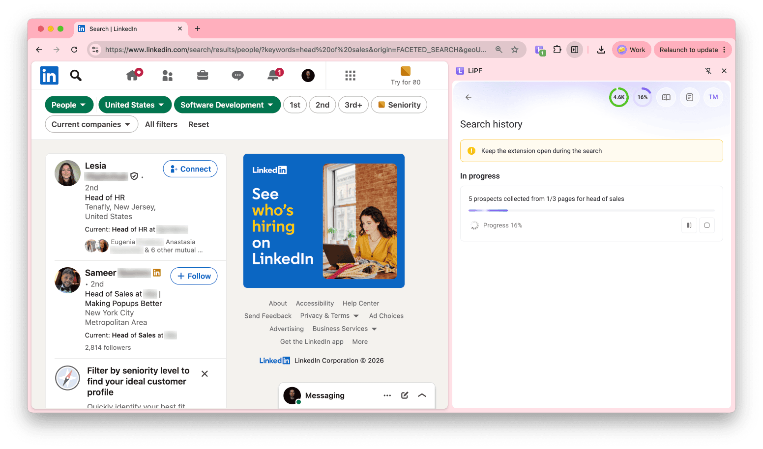 Search history showing a multipage search in progress