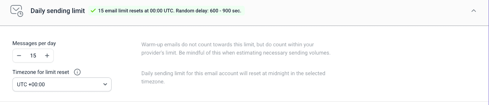 Daily sending limit section in the email account settings with the Messages per day field
