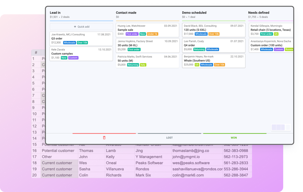 Still using spreadsheets as your CRM because "they just work"? Snov.io is the simple solution you've always wanted. Just drag-and-drop deals towards your goal, always know where you stand with the lead and never forget to follow-up.
